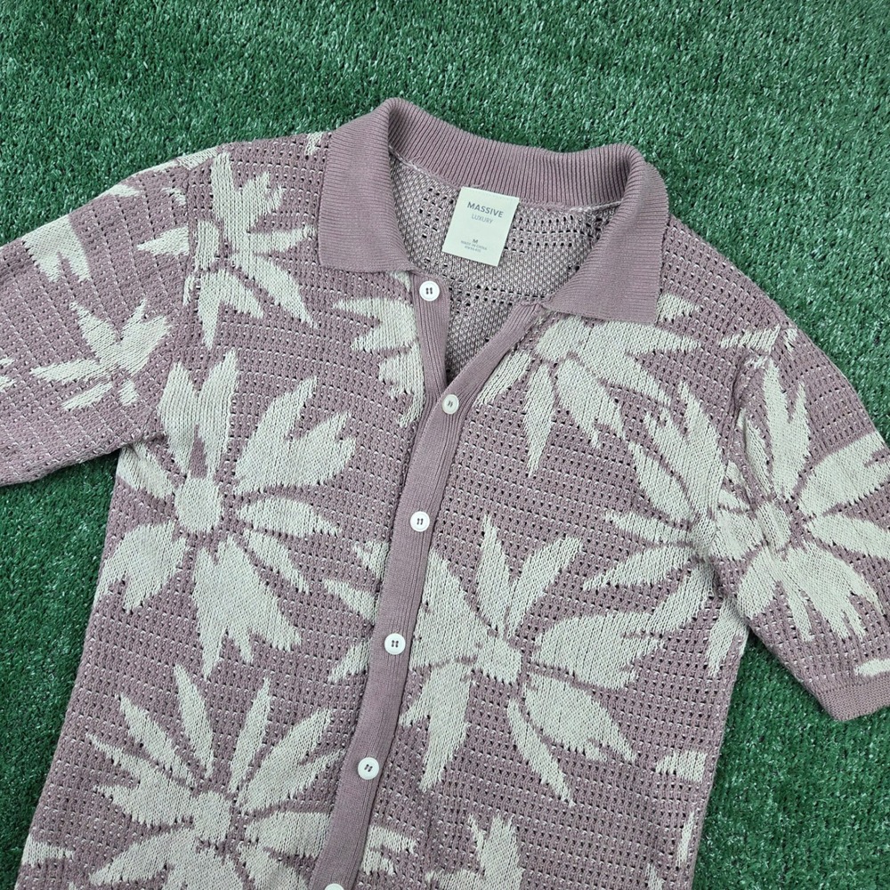 Massive Luxury Mens Floral Knit Button Down Shirt Mauve Pink Short Sleeve Medium